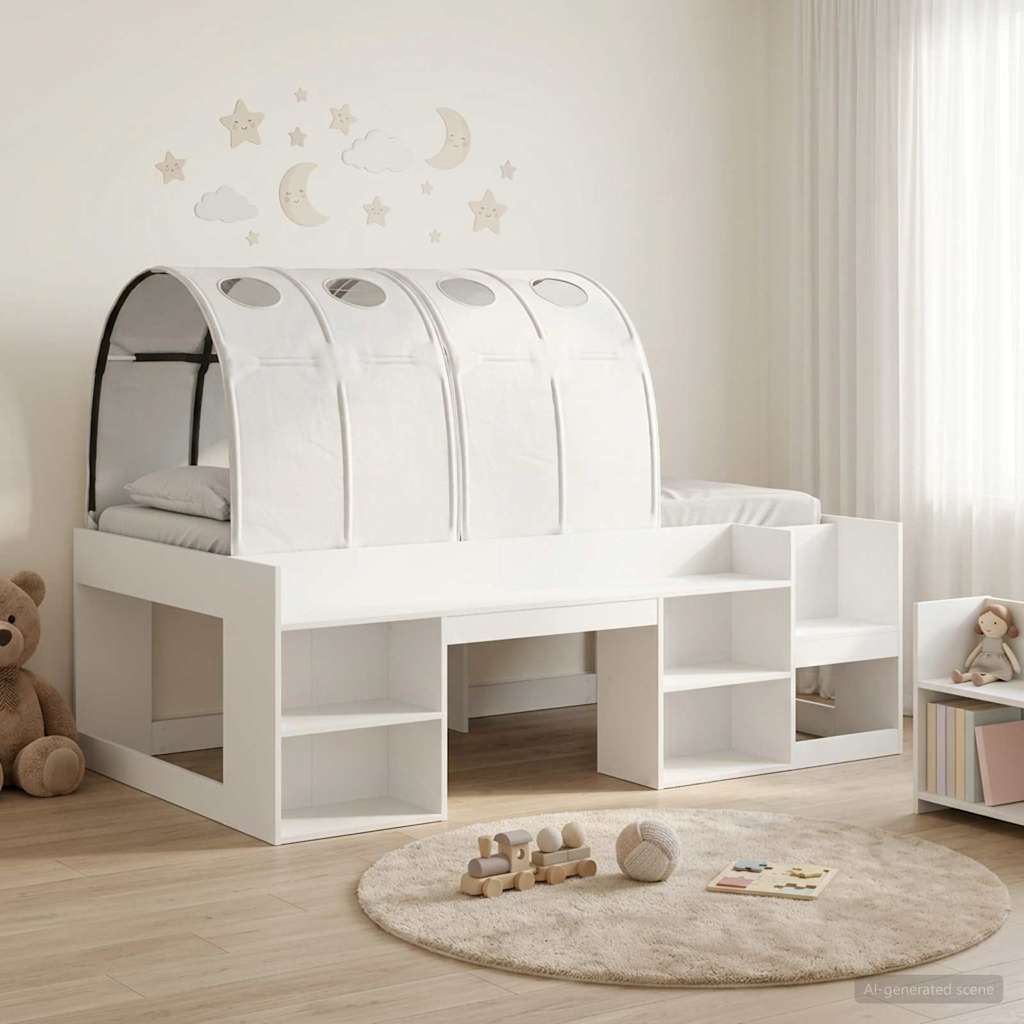 vidaXL Cama con túnel con estante 3 uds. Blanco Madera de ingeniería