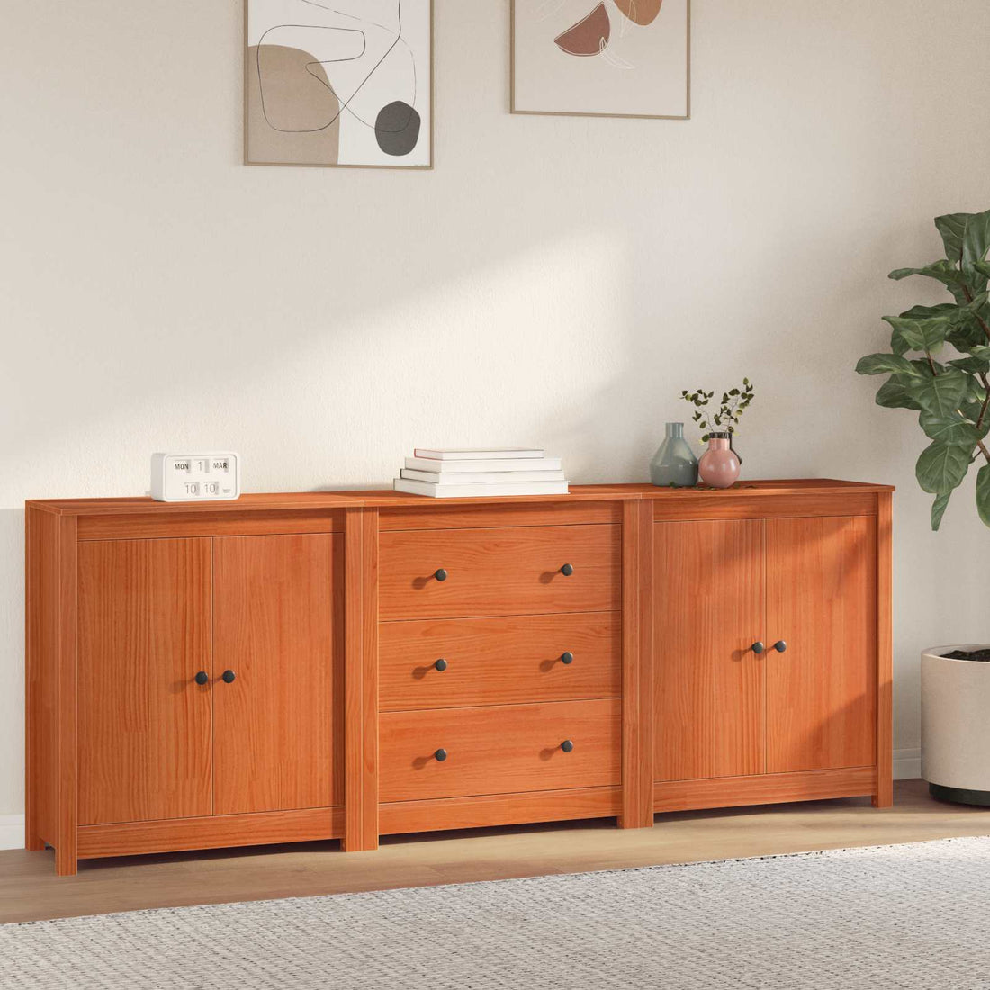 vidaXL Aparador 3 uds. Marrón Cera 210 x 35 x 80 cm Pino macizo