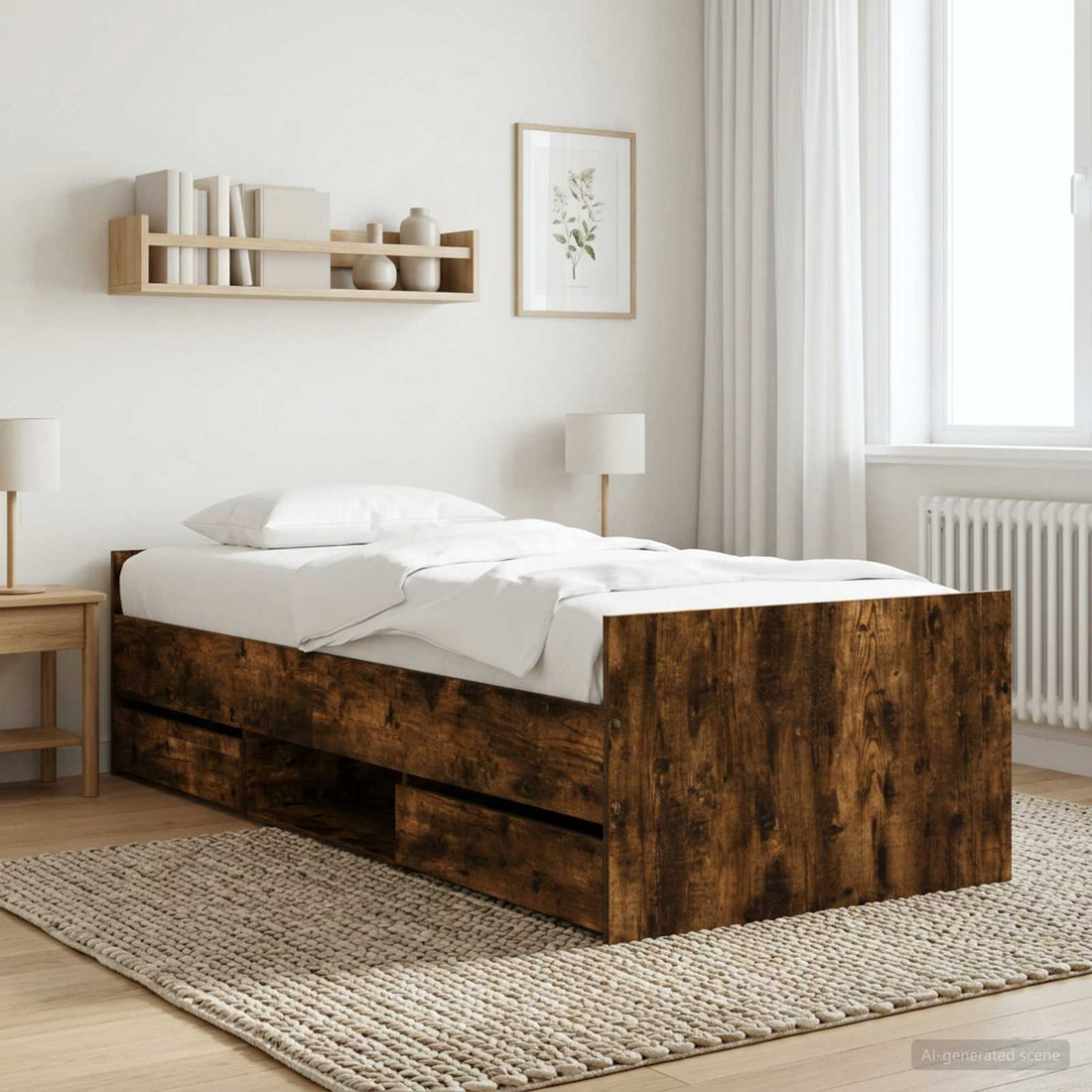 vidaXL Estructura de cama con cajón Roble Ahumado Madera de ingeniería