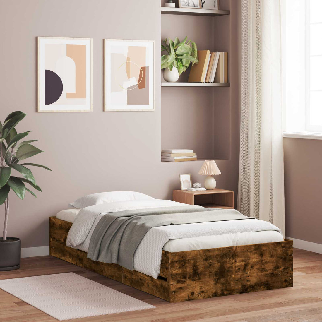 vidaXL Estructura de cama con almacenamiento con cajón Roble Ahumado
