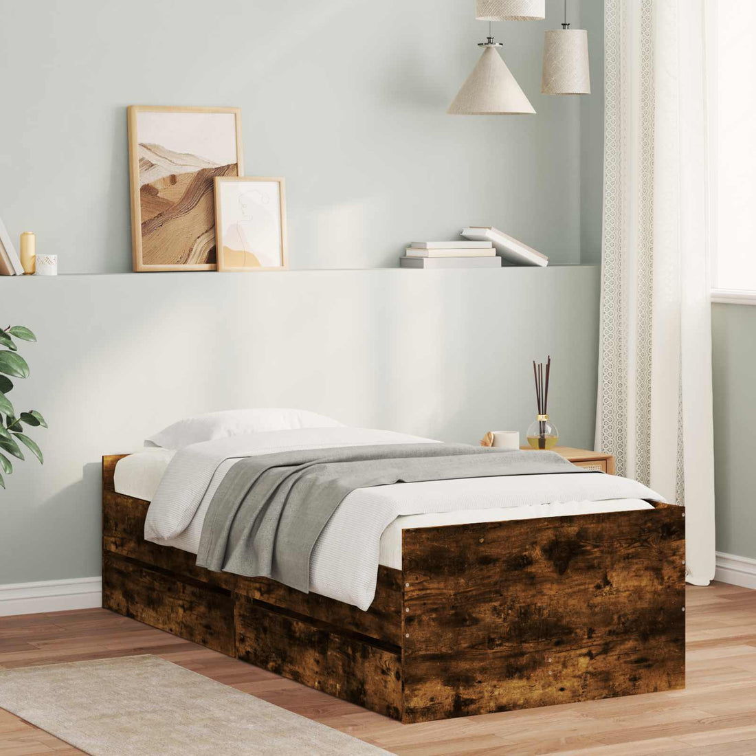 vidaXL Estructura de cama Roble Ahumado Madera de pino macizo
