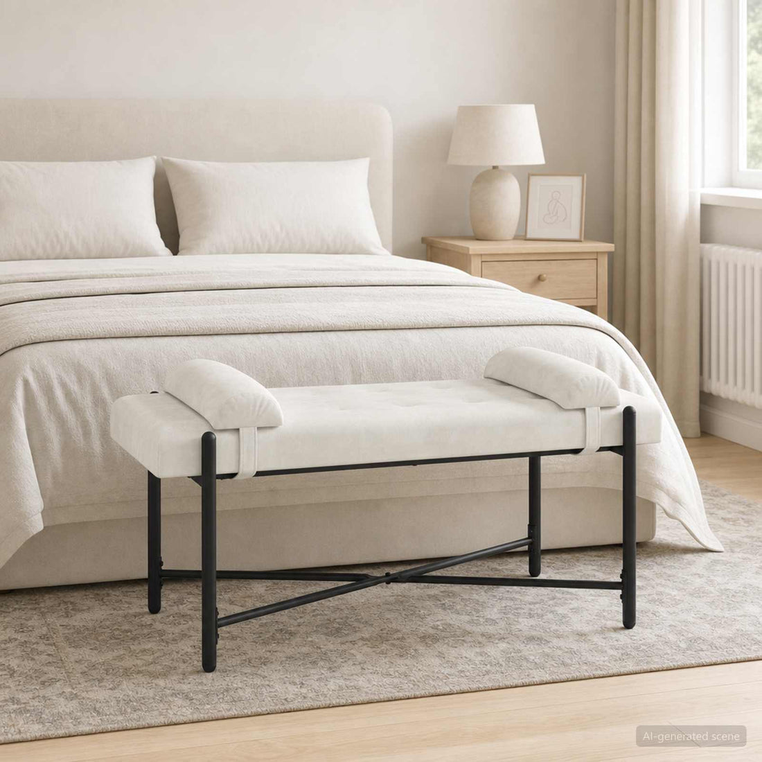 vidaXL Banco con Botones y Cojines Crema 110 x 40 x 46 cm Terciopelo