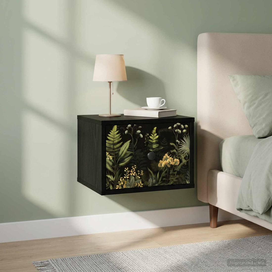 vidaXL Mesita de noche de pared RHENEN Roble Negro 36 x 33 x 25 cm