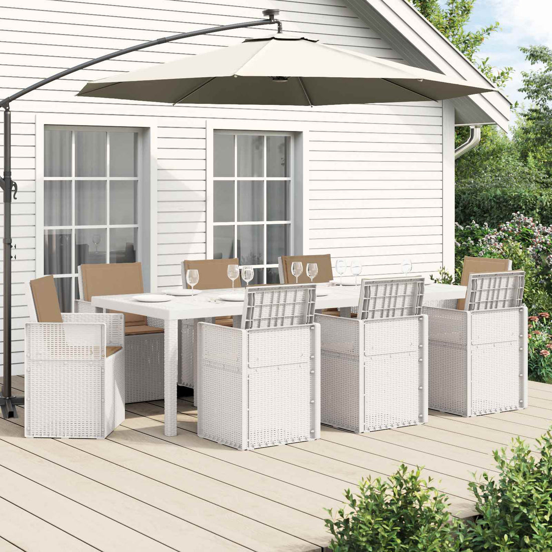vidaXL Conjunto de Comedor de Jardín 9 uds. Blanco y Topo PP