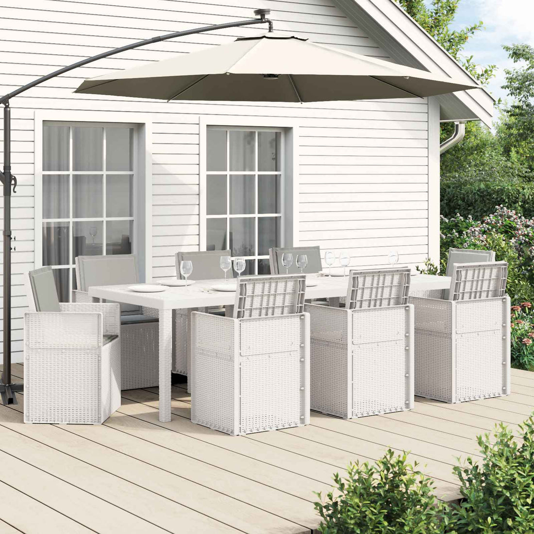 vidaXL Conjunto de Comedor de Jardín 9 uds. Blanco y Gris Claro PP
