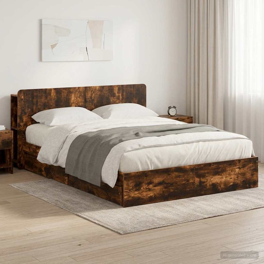 vidaXL Estructura de cama con almacenamiento con cajón Roble Ahumado