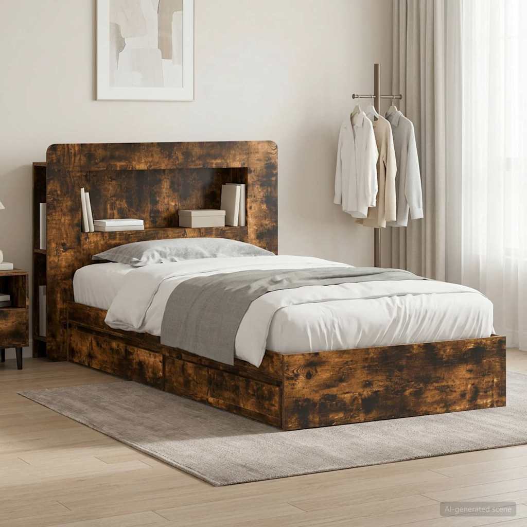 vidaXL Estructura de cama con almacenamiento con cajón Roble Ahumado