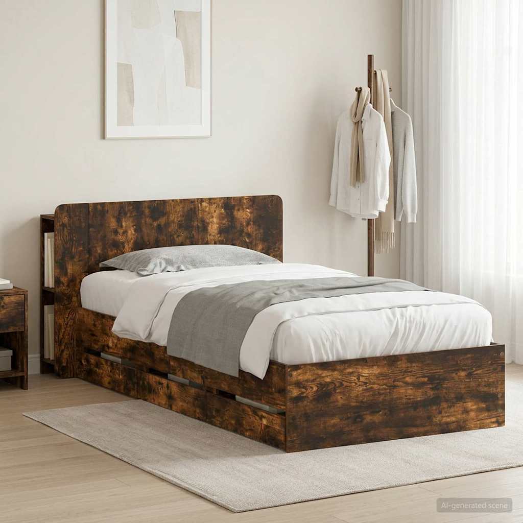 vidaXL Estructura de cama con almacenamiento y cabecero Roble Ahumado