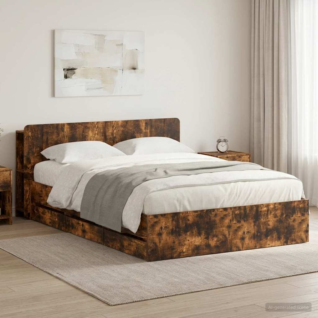 vidaXL Estructura de cama con almacenamiento y cabecero Roble Ahumado
