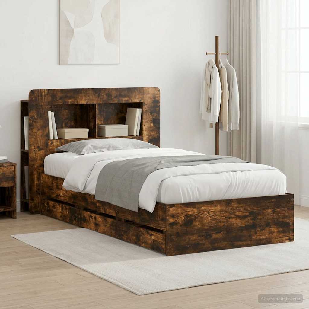 vidaXL Estructura de cama con almacenamiento y cabecero Roble Ahumado
