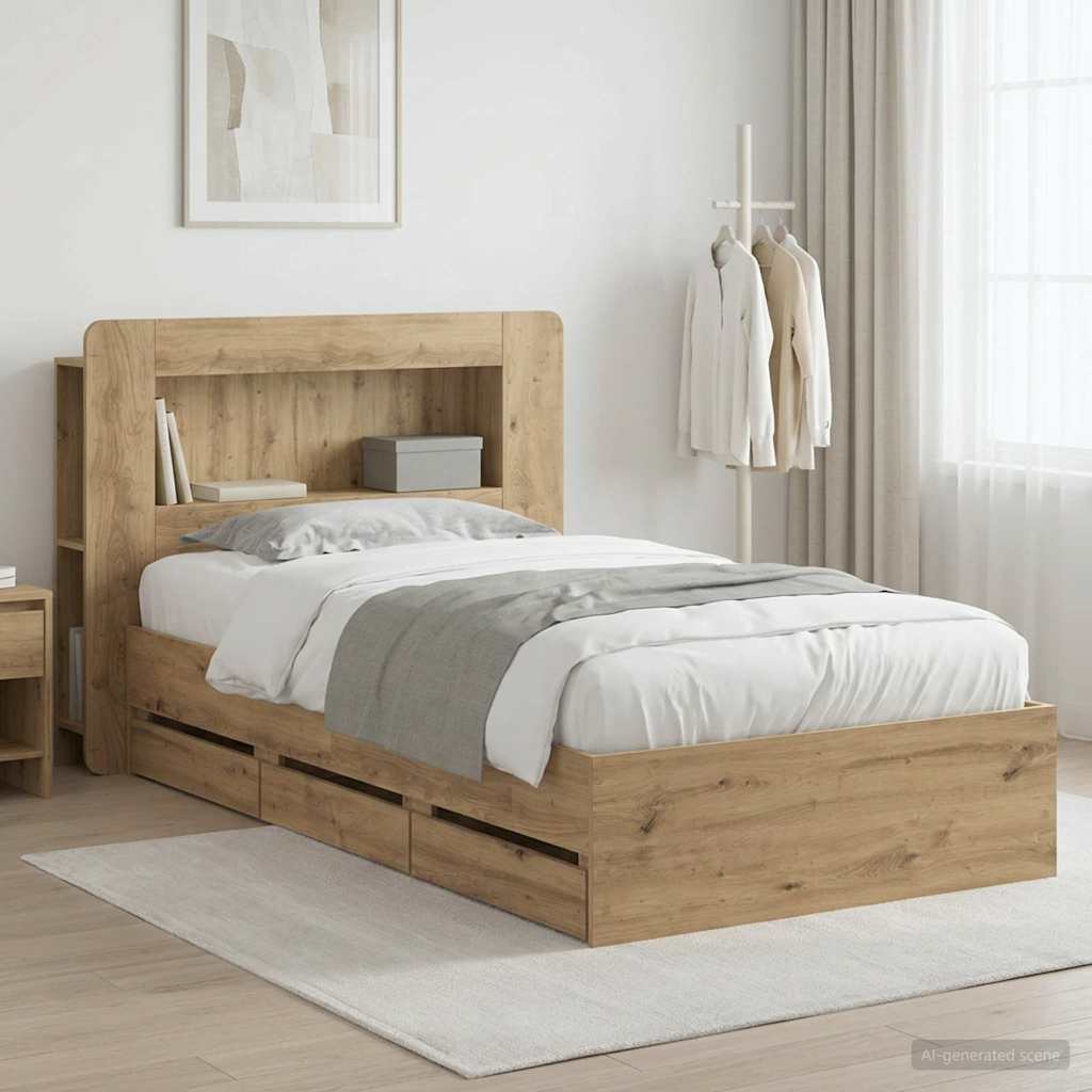 vidaXL Estructura de cama con almacenamiento y cabecero Roble artisan
