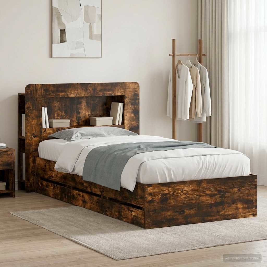 vidaXL Estructura de cama con almacenamiento y cabecero Roble Ahumado