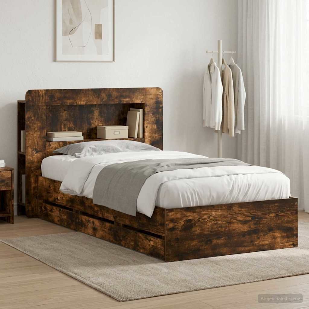 vidaXL Estructura de cama con almacenamiento y cabecero Roble Ahumado
