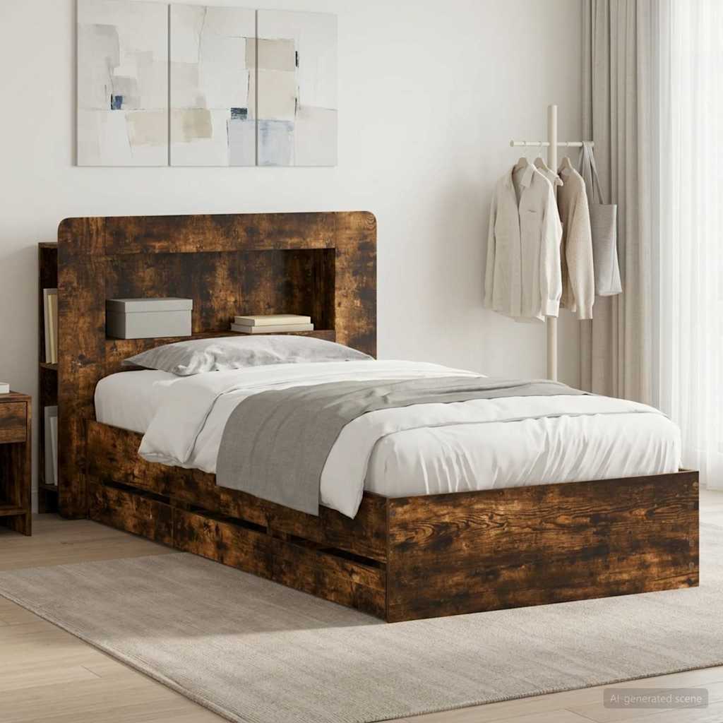 vidaXL Estructura de cama con almacenamiento y cabecero Roble Ahumado