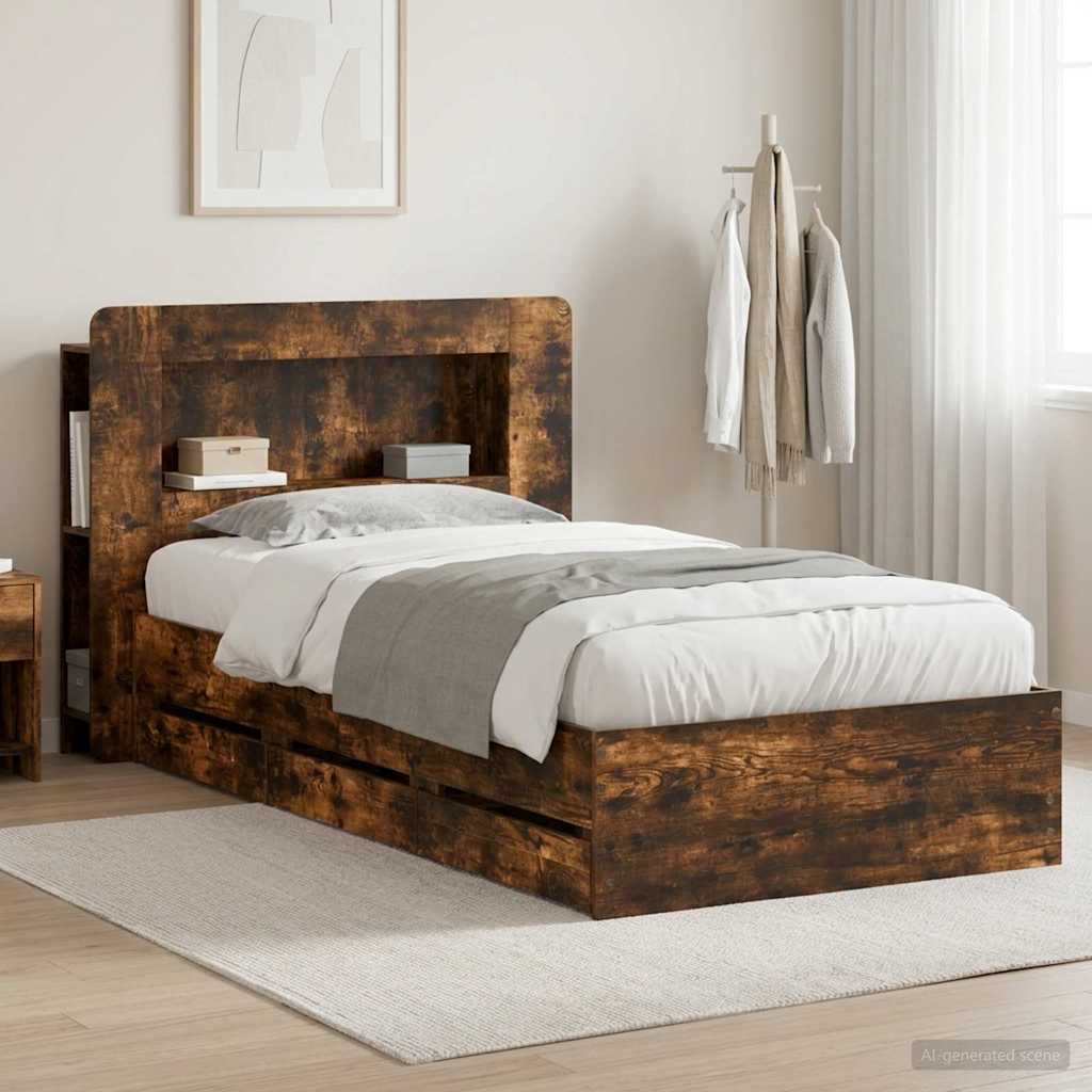 vidaXL Estructura de cama con almacenamiento y cabecero Roble Ahumado