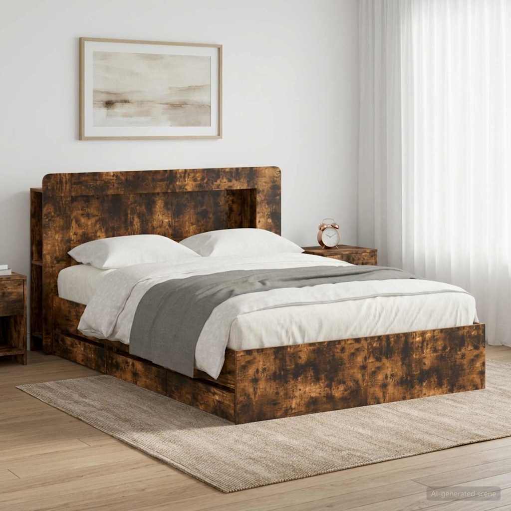 vidaXL Estructura de cama con almacenamiento y cabecero Roble Ahumado