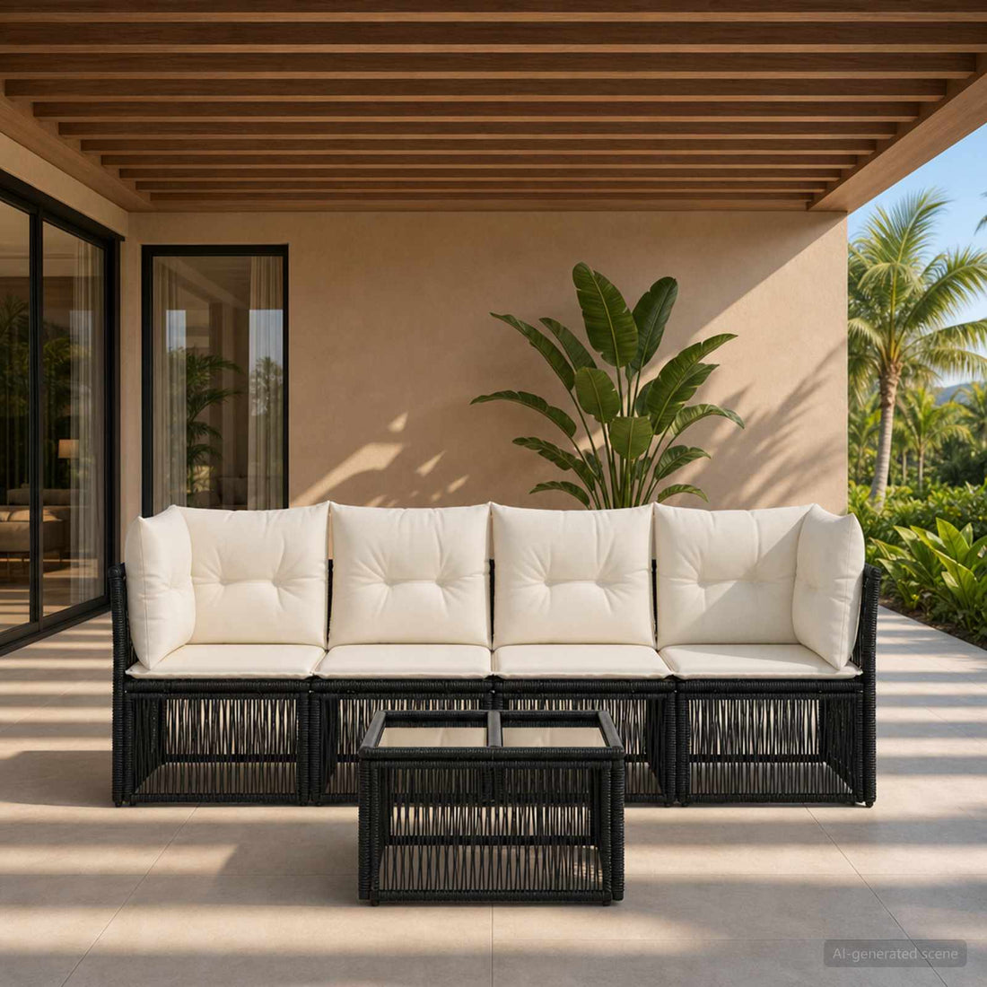 vidaXL Conjunto de sofás de jardín 5 uds. Negro ratán sintético