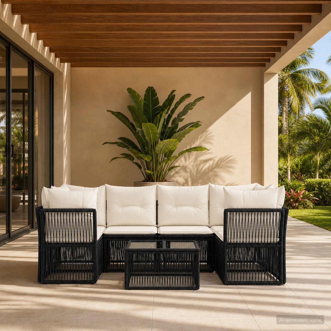vidaXL Conjunto de sofás de jardín 7 uds. Negro ratán sintético