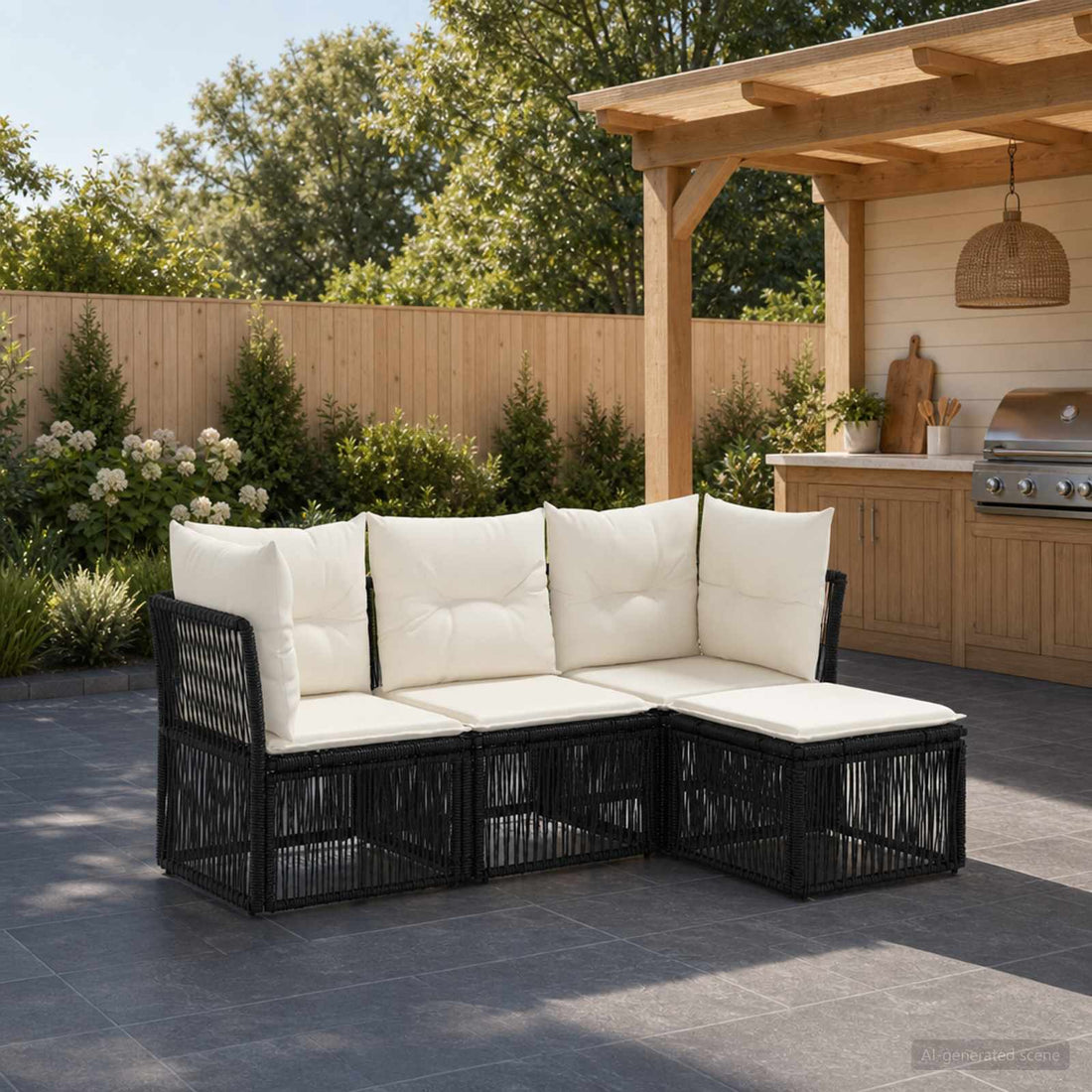 vidaXL Conjunto de sofás de jardín 4 uds. Negro ratán sintético