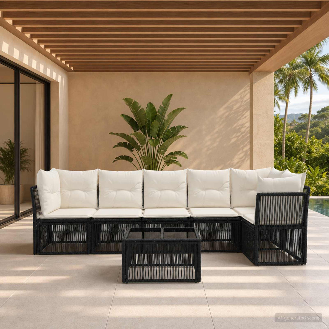 vidaXL Conjunto de sofás de jardín 7 uds. Negro ratán sintético