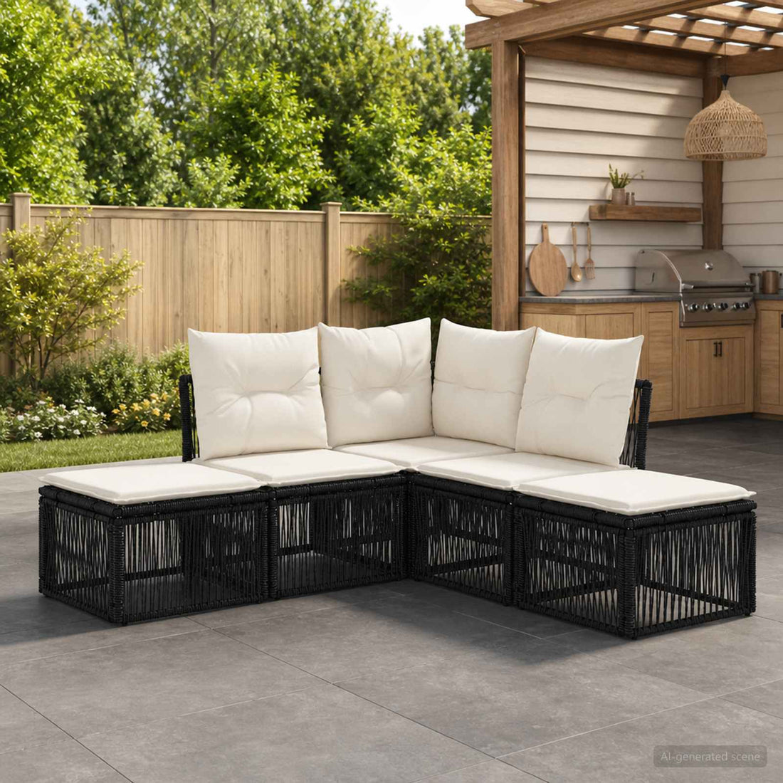 vidaXL Conjunto de sofás de jardín 5 uds. Negro ratán sintético