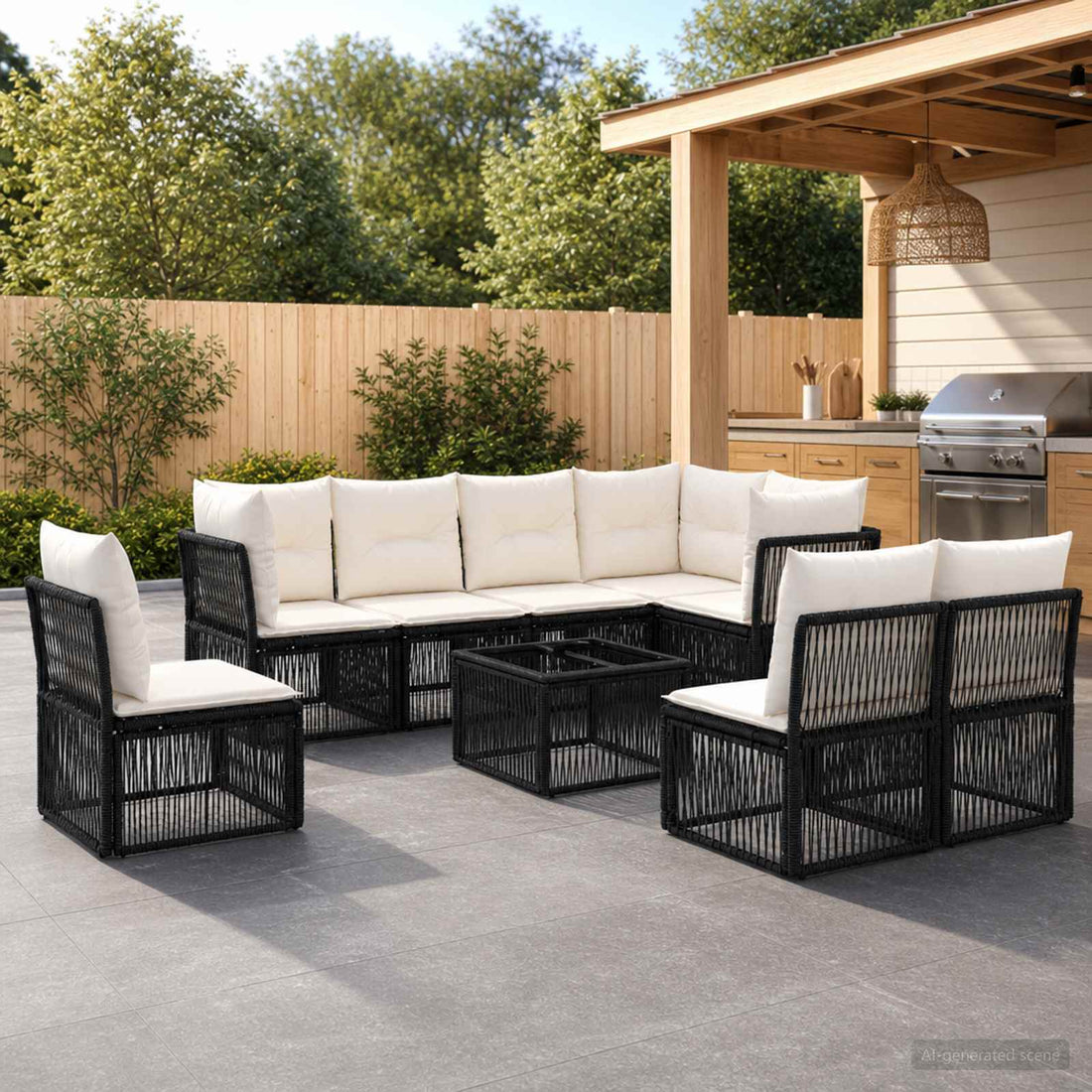vidaXL Conjunto de sofás de jardín 9 uds. Negro ratán sintético