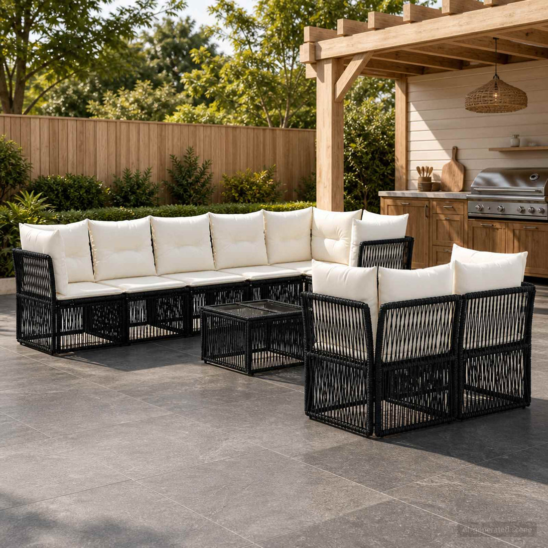 vidaXL Conjunto de sofás de jardín 9 uds. Negro ratán sintético