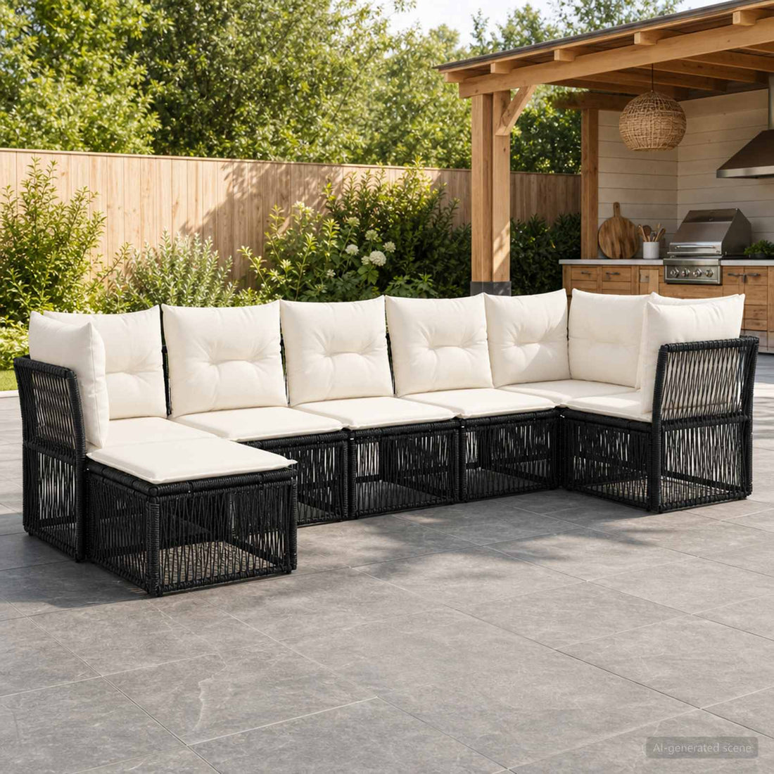 vidaXL Conjunto de sofás de jardín 7 uds. Negro ratán sintético