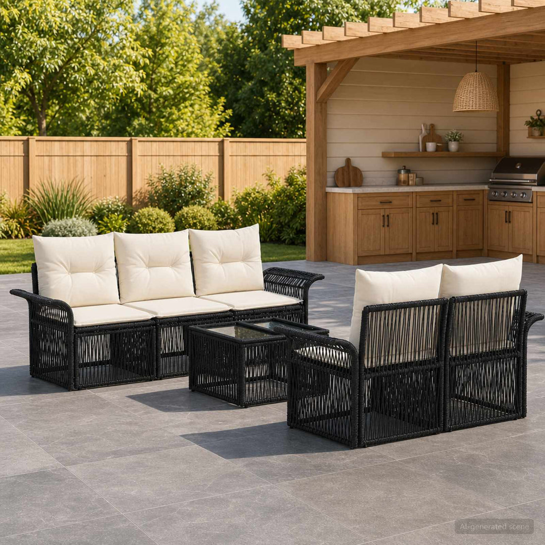 vidaXL Conjunto de sofás de jardín 6 uds. Negro ratán sintético