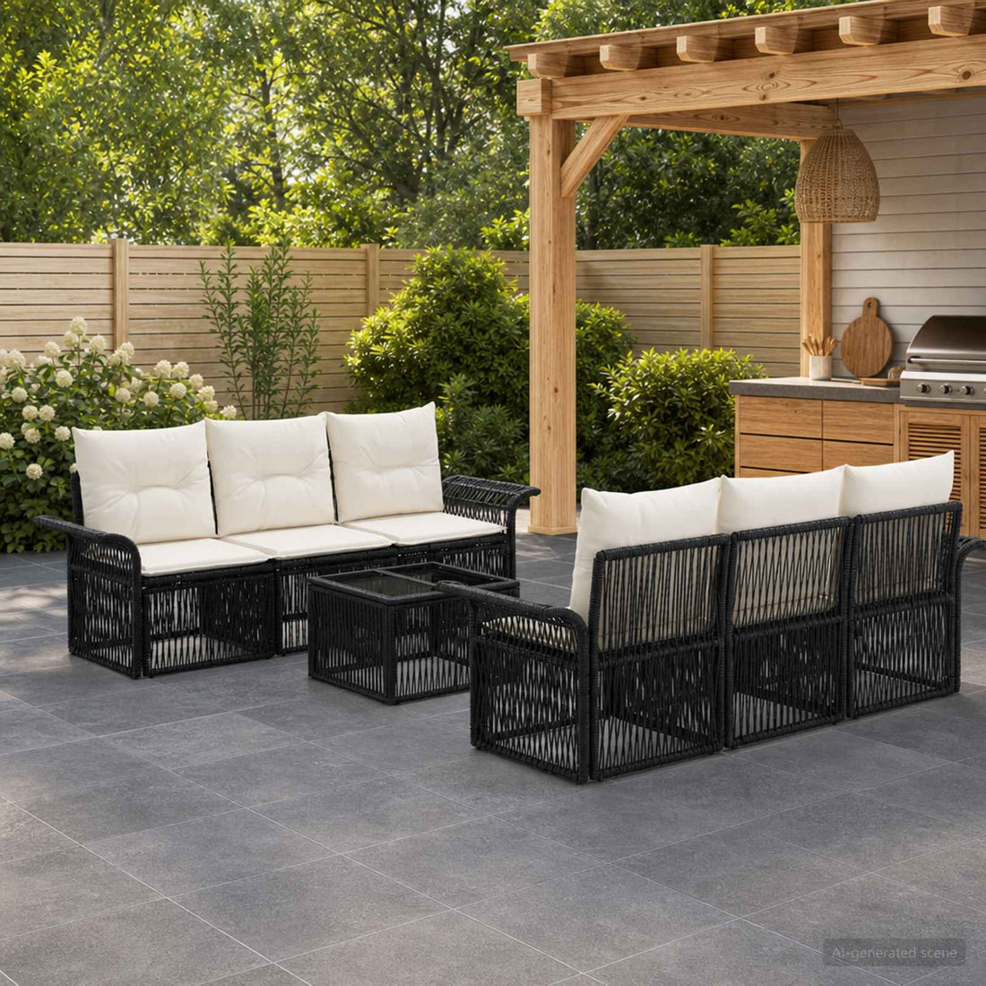 vidaXL Conjunto de sofás de jardín 7 uds. Negro ratán sintético
