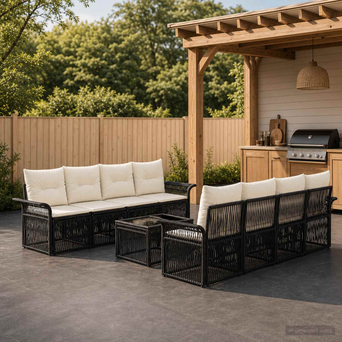 vidaXL Conjunto de sofás de jardín 9 uds. Negro ratán sintético