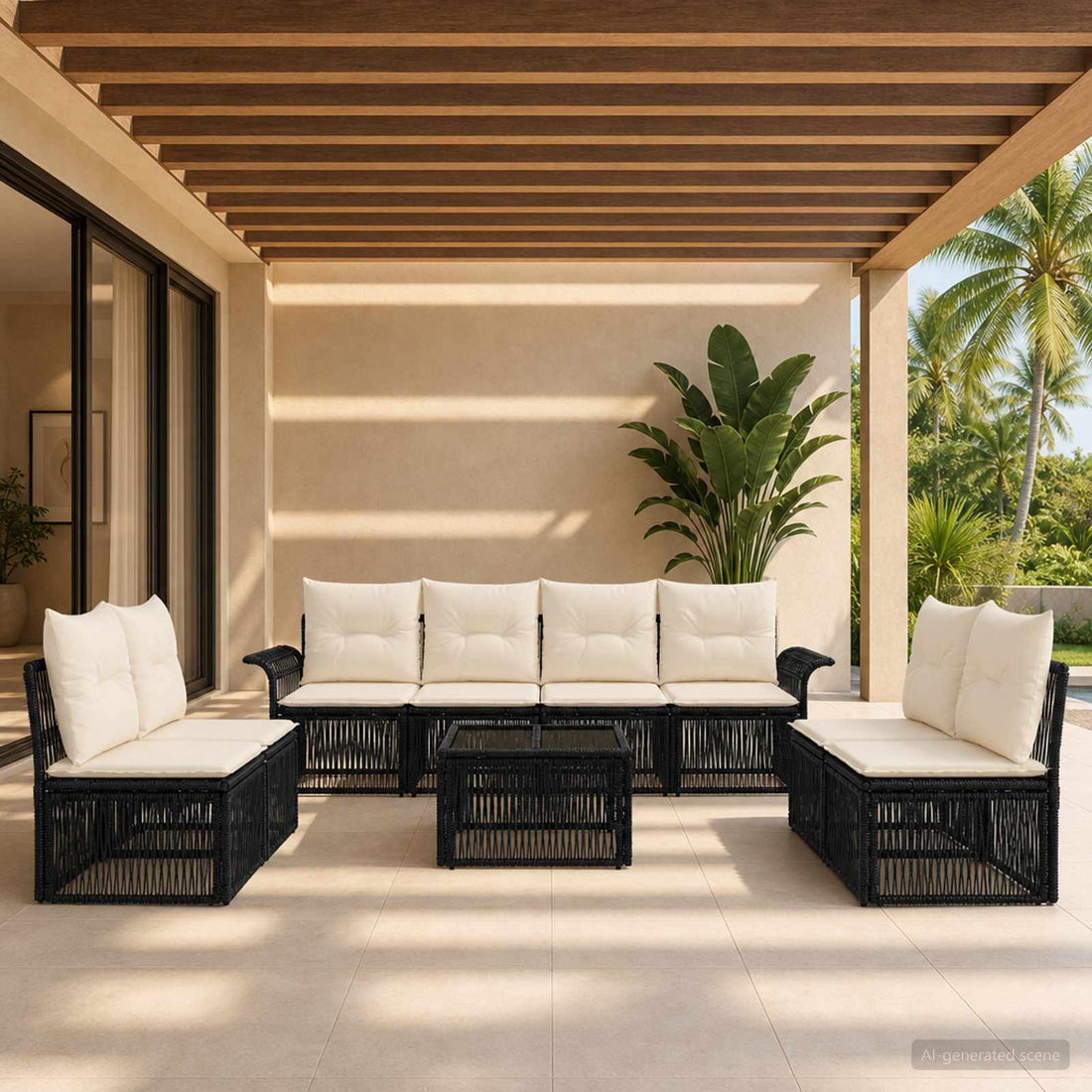vidaXL Conjunto de sofás de jardín 9 uds. Negro ratán sintético