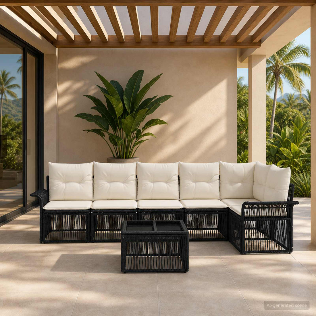 vidaXL Conjunto de sofás de jardín 7 uds. Negro ratán sintético