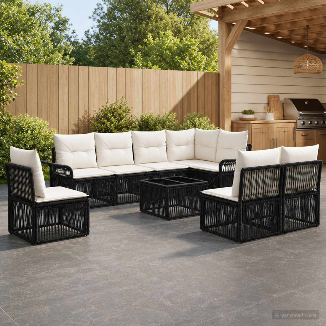 vidaXL Conjunto de sofás de jardín 9 uds. Negro ratán sintético