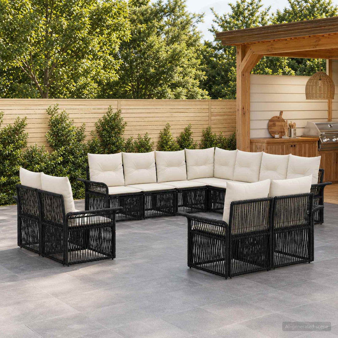 vidaXL Conjunto de sofás de jardín 11 uds. Negro y Blanco Crema