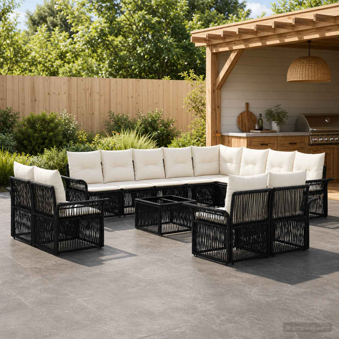 vidaXL Conjunto de sofás de jardín 13 uds. Negro y Blanco Crema
