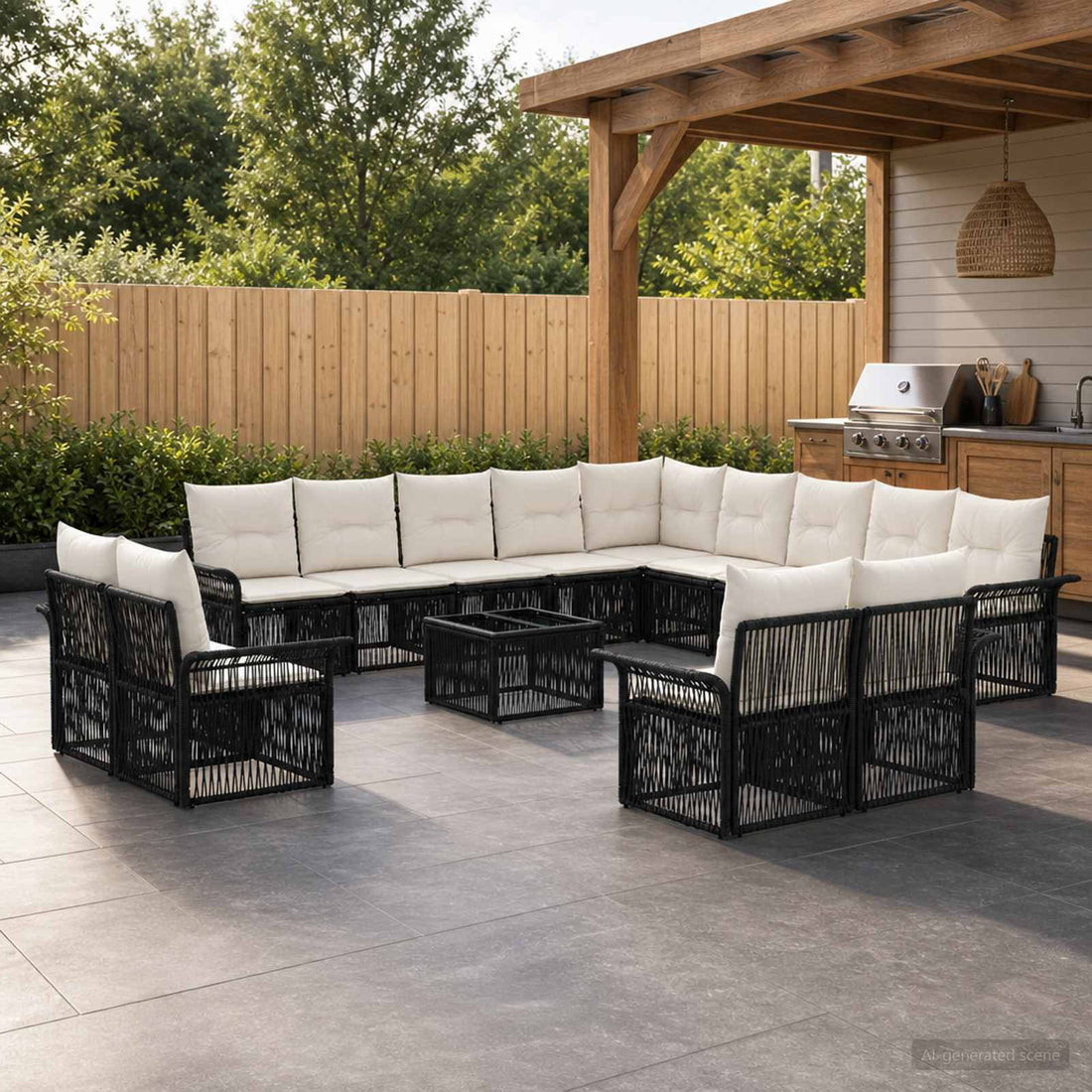 vidaXL Conjunto de sofás de jardín 14 uds. Negro y Blanco Crema