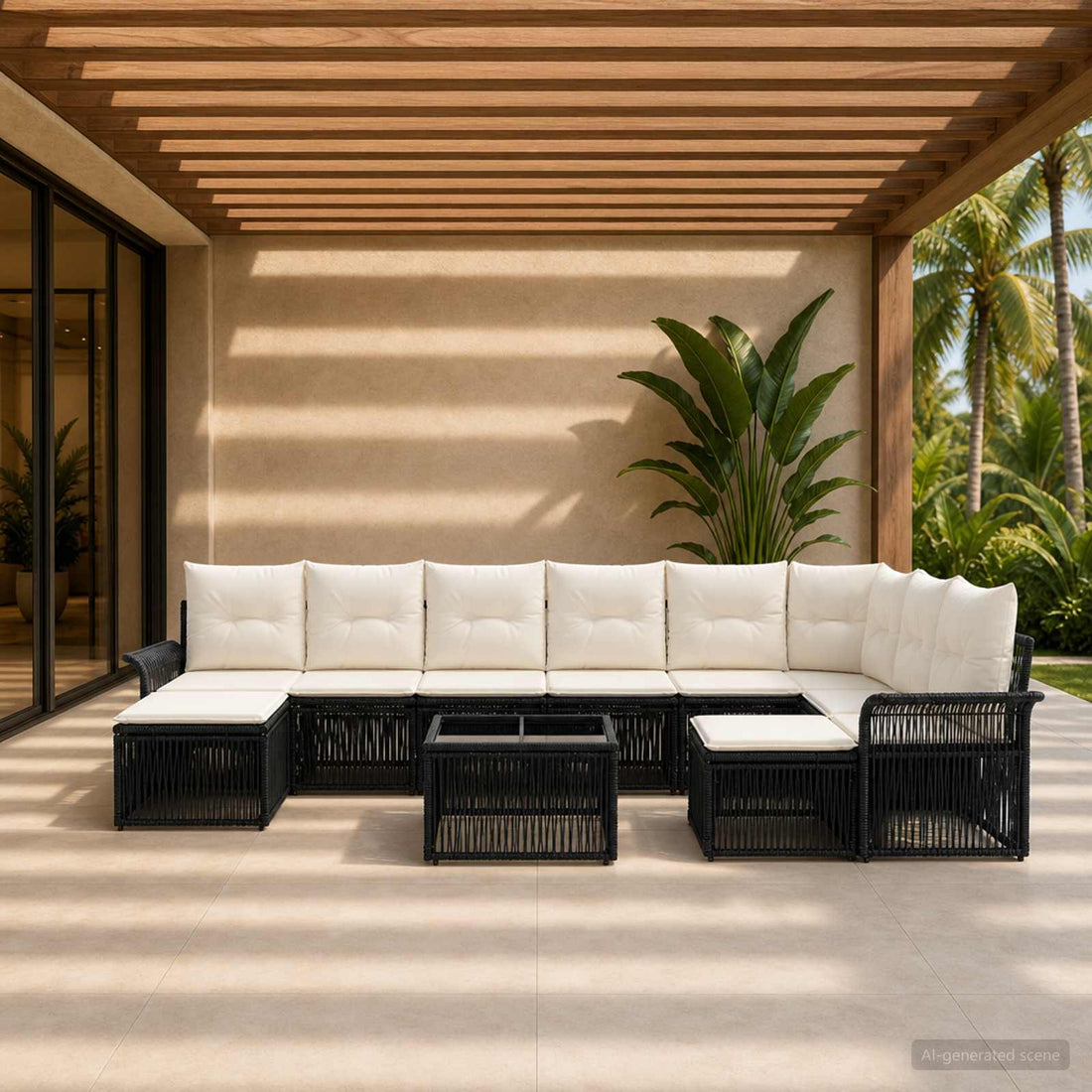 vidaXL Conjunto de sofás de jardín 10 uds. Negro y Blanco Crema