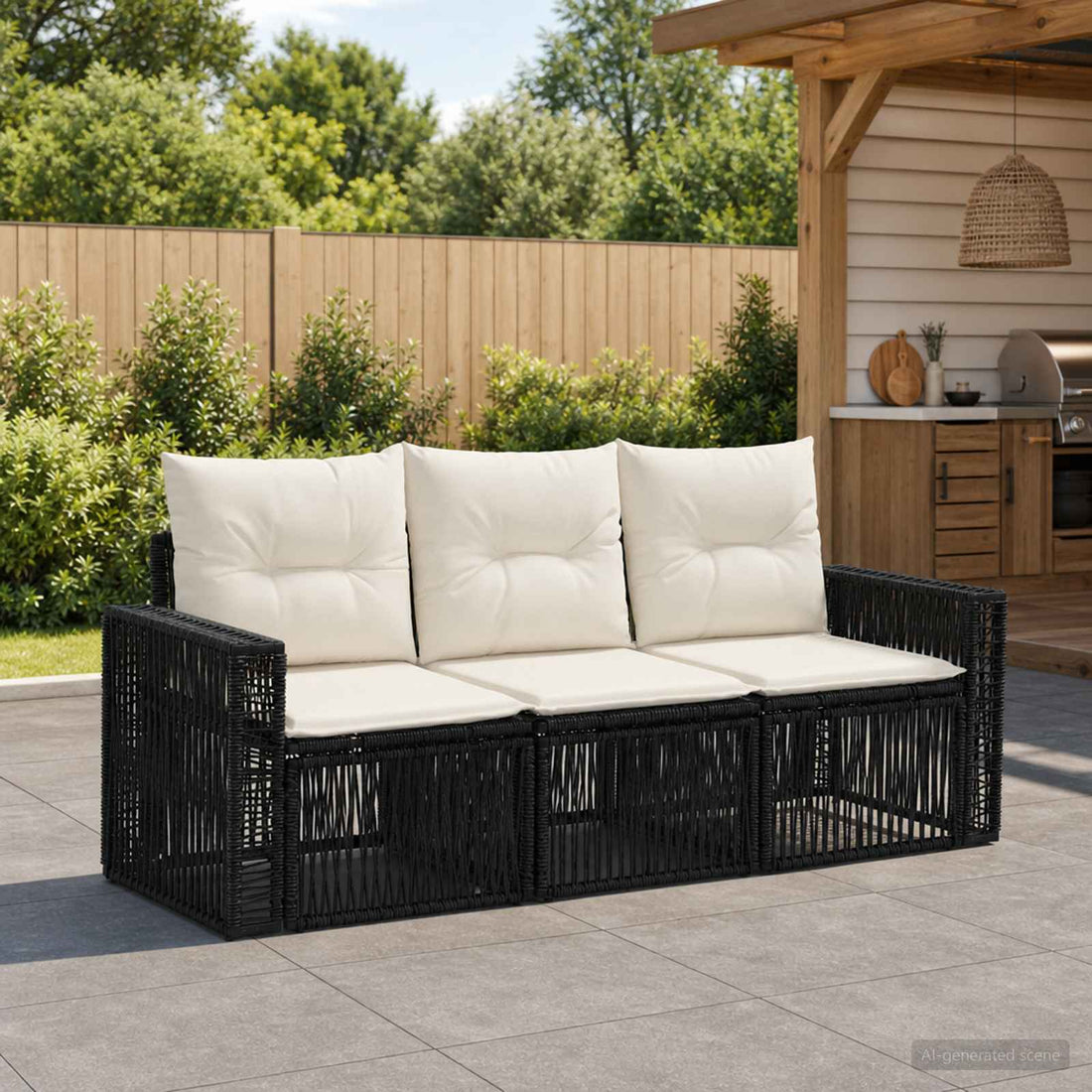 vidaXL Conjunto de sofás de jardín 3 uds. Negro y Blanco Crema