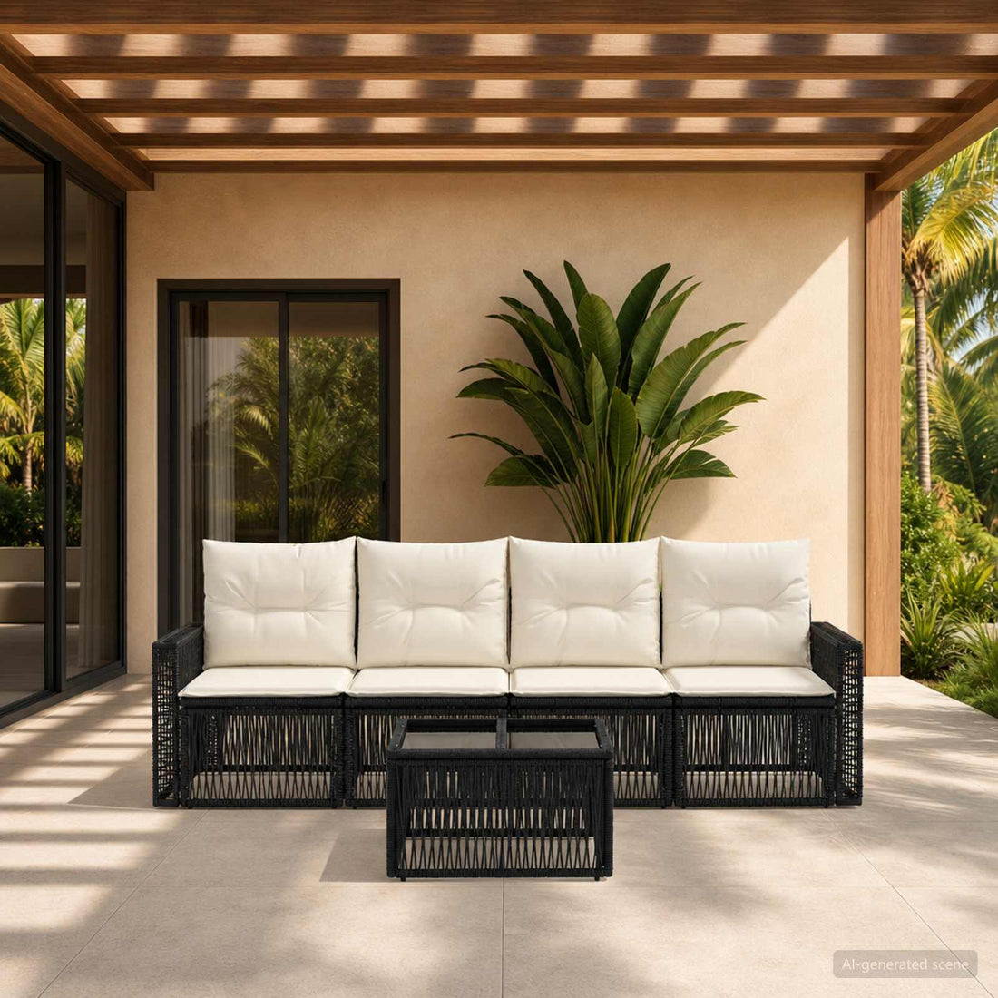 vidaXL Conjunto de sofás de jardín 5 uds. Negro y Blanco Crema