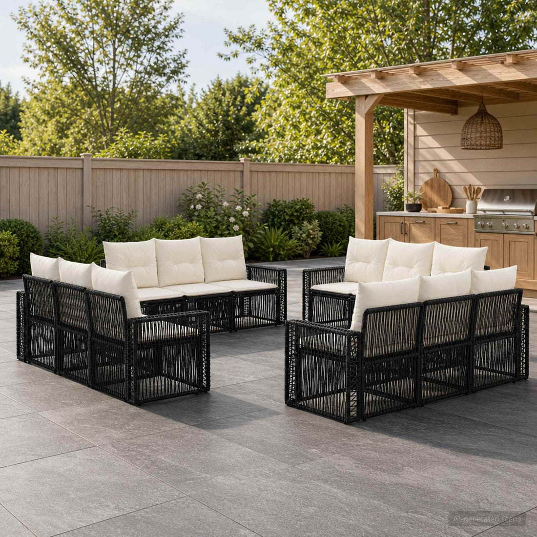 vidaXL Conjunto de sofás de jardín 12 uds. Negro y Blanco Crema