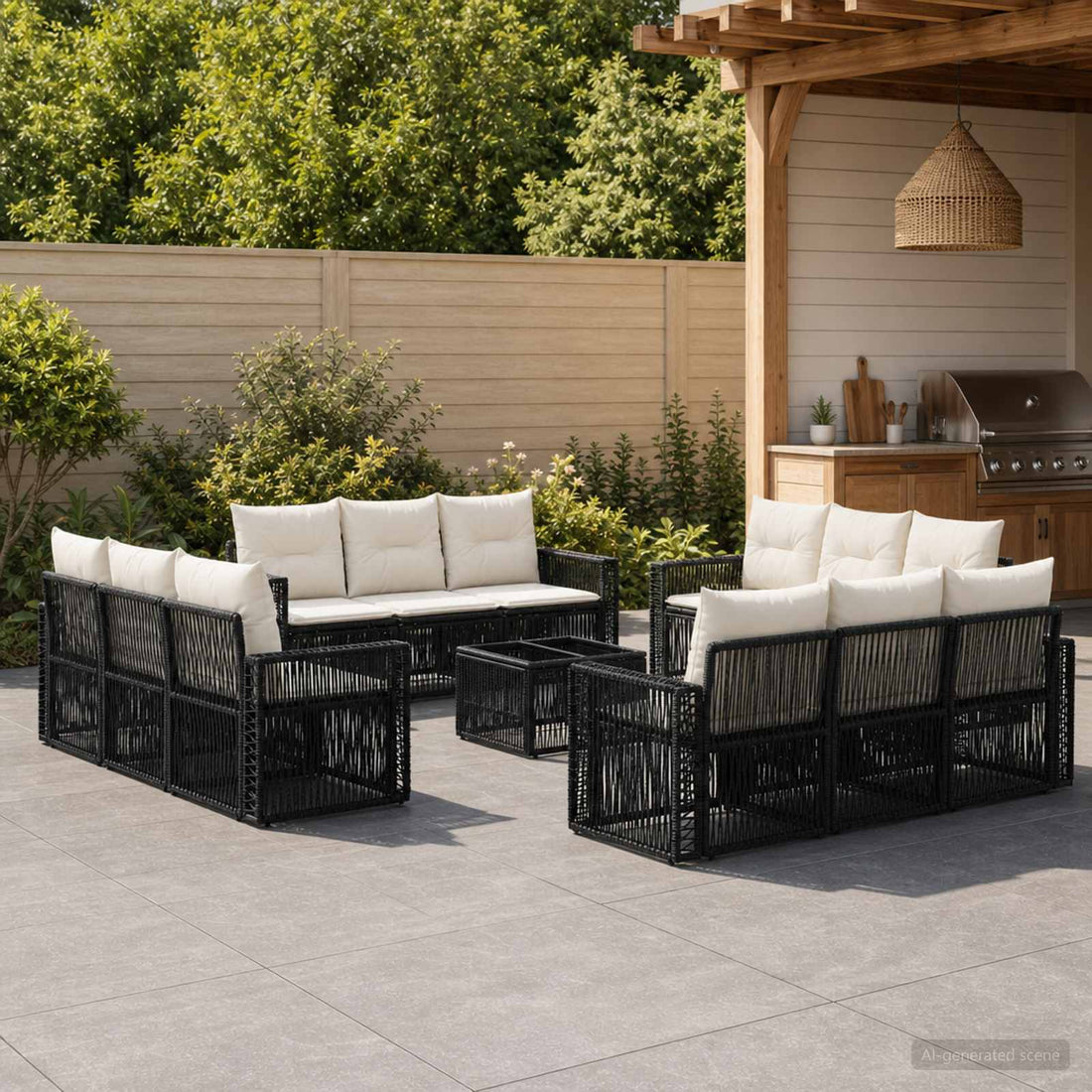 vidaXL Conjunto de sofás de jardín 13 uds. Negro y Blanco Crema