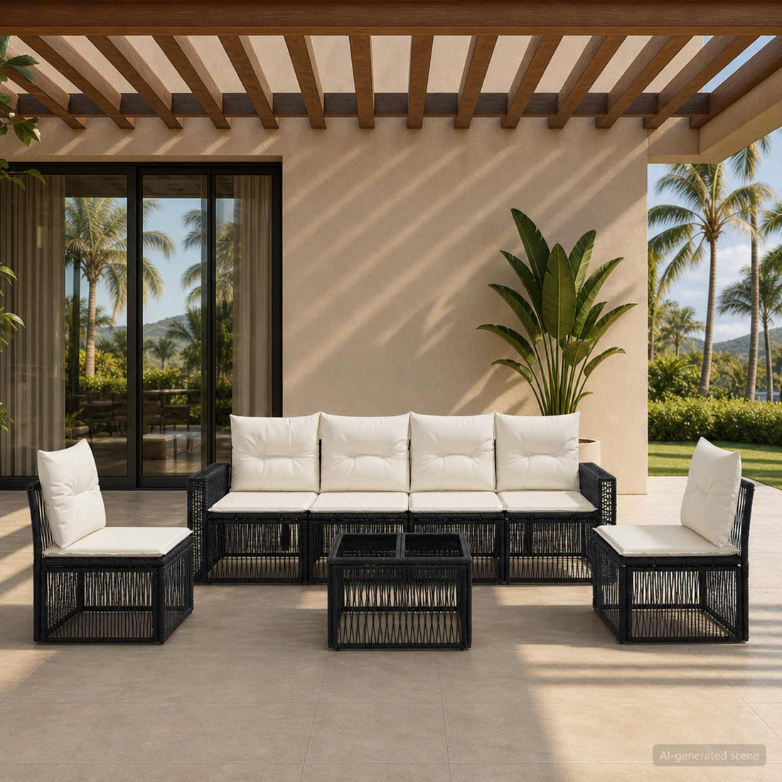 vidaXL Conjunto de sofás de jardín 7 uds. Negro y Blanco Crema
