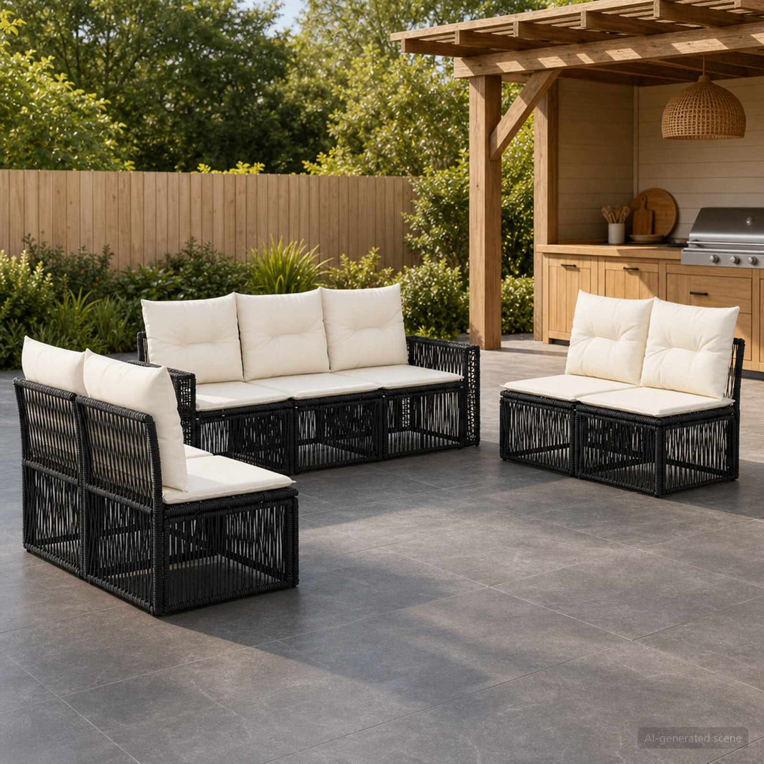 vidaXL Conjunto de sofás de jardín 7 uds. Negro y Blanco Crema