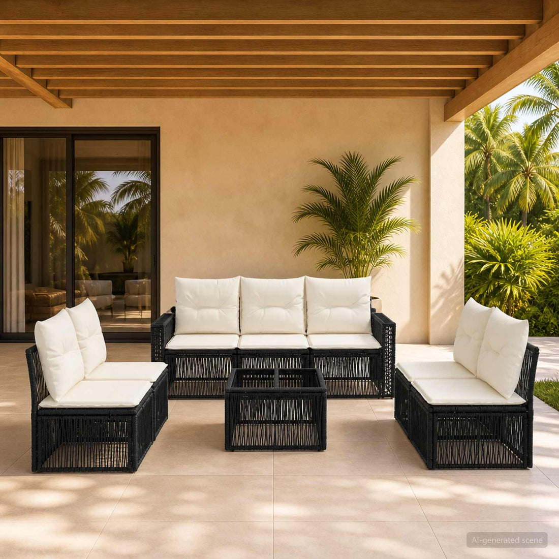 vidaXL Conjunto de sofás de jardín 8 uds. Negro y Blanco Crema