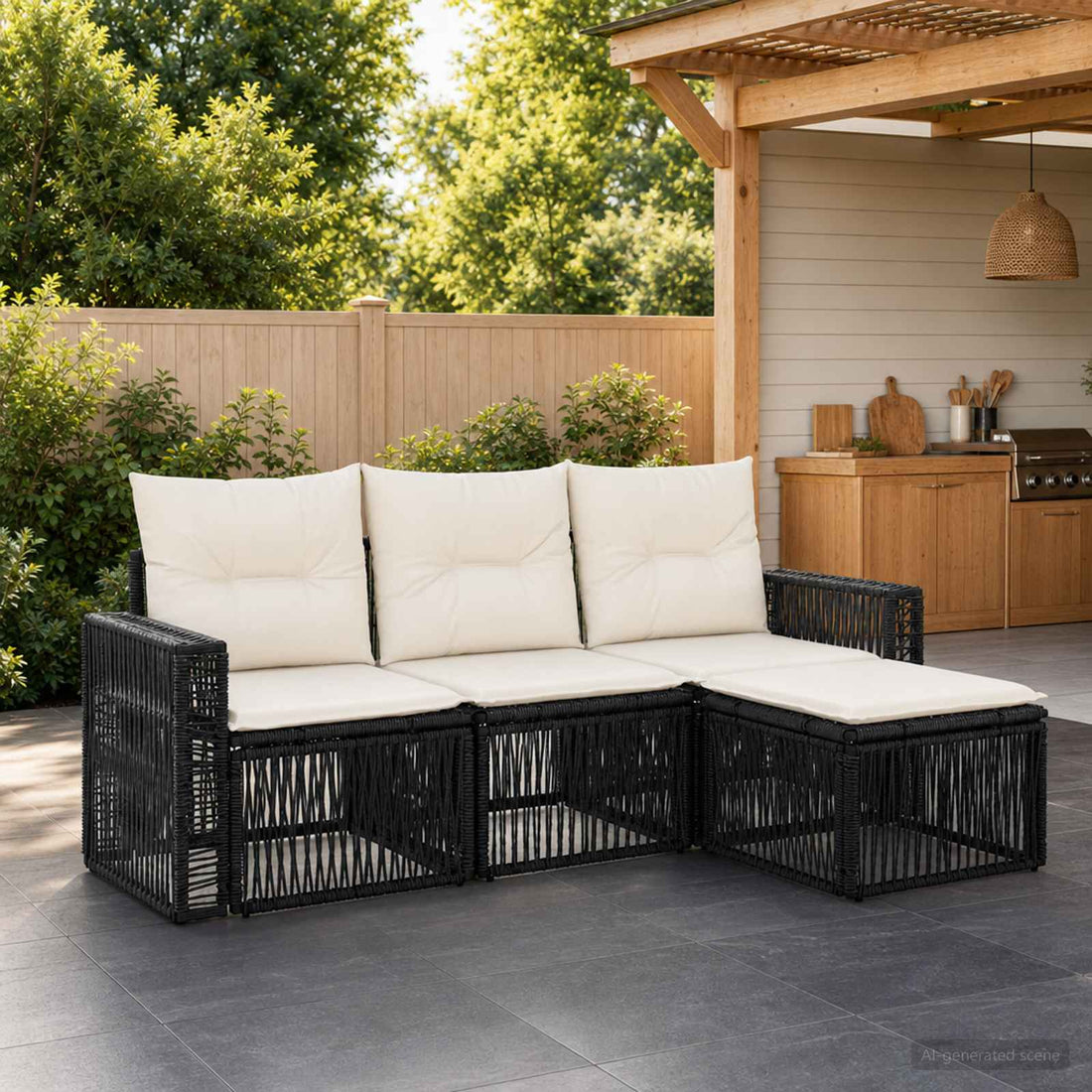 vidaXL Conjunto de sofás de jardín 4 uds. Negro y Blanco Crema