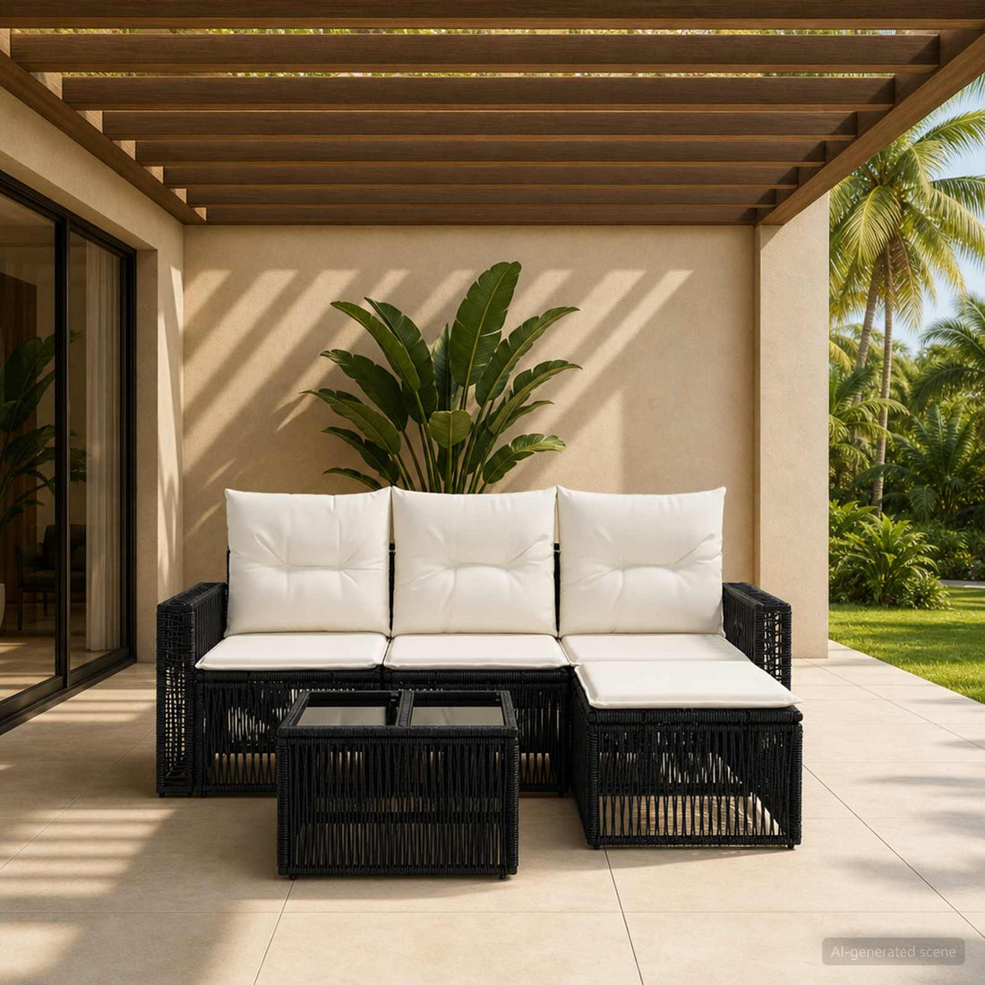 vidaXL Conjunto de sofás de jardín 5 uds. Negro y Blanco Crema