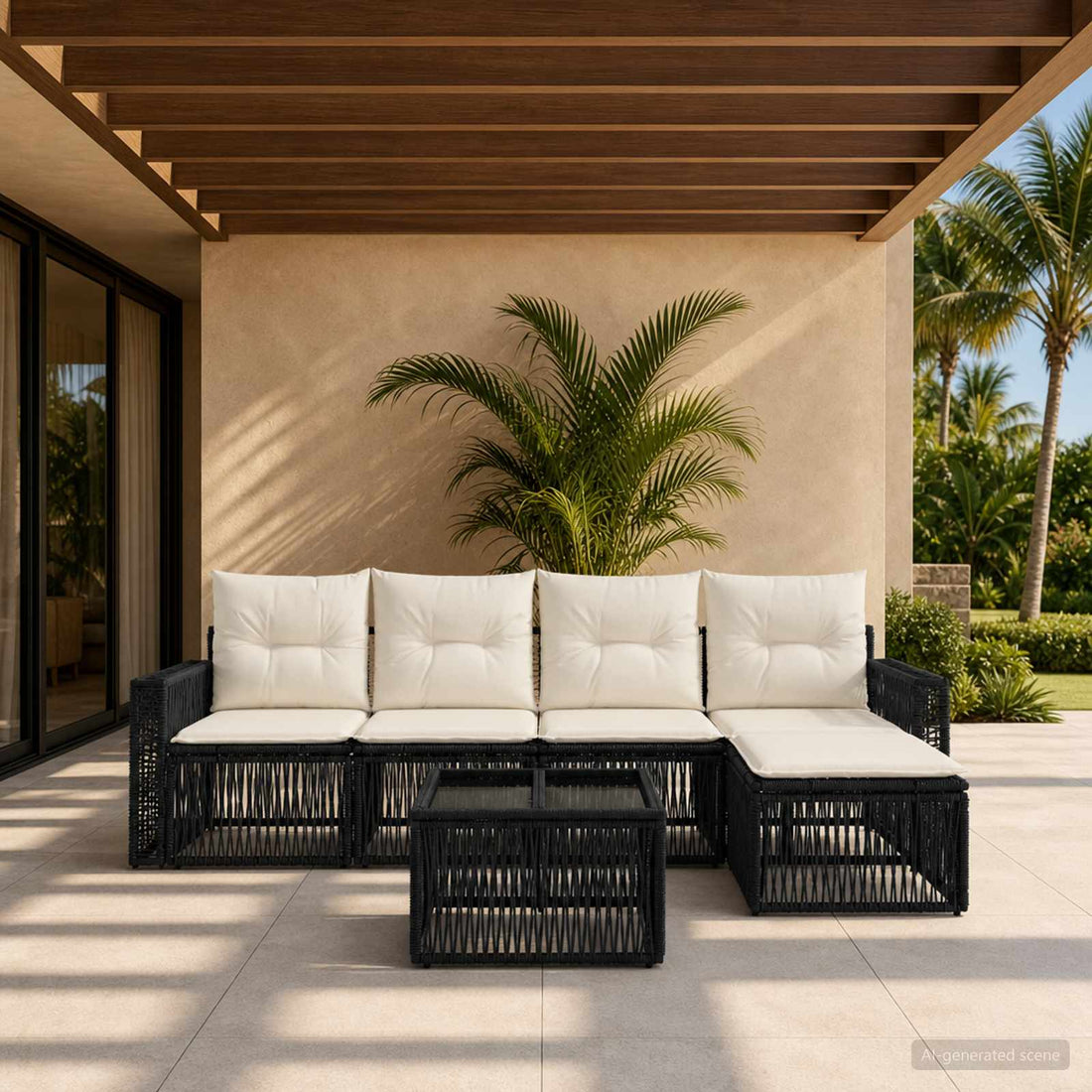 vidaXL Conjunto de sofás de jardín 6 uds. Negro y Blanco Crema