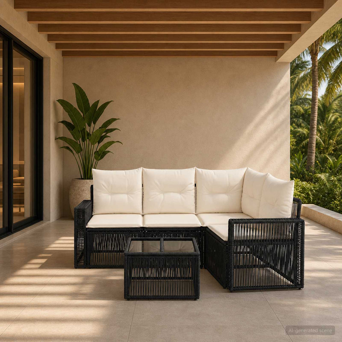 vidaXL Conjunto de sofás de jardín 5 uds. Negro y Blanco Crema