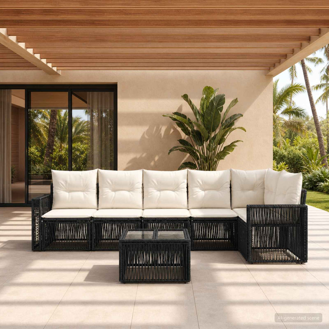 vidaXL Conjunto de sofás de jardín 7 uds. Negro y Blanco Crema